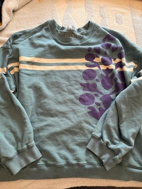 Free People Teal Sweatshirt with Purple Graphic and Cream Stripes